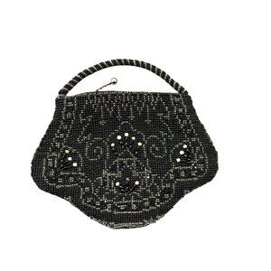 Vintage Black Beaded Evening Purse Tan/Silver Rhinestone Accents Tiny Used